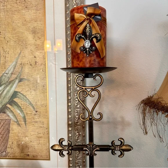 Bronze Fleur de Lis Candle Holder with Intricate Scrollwork